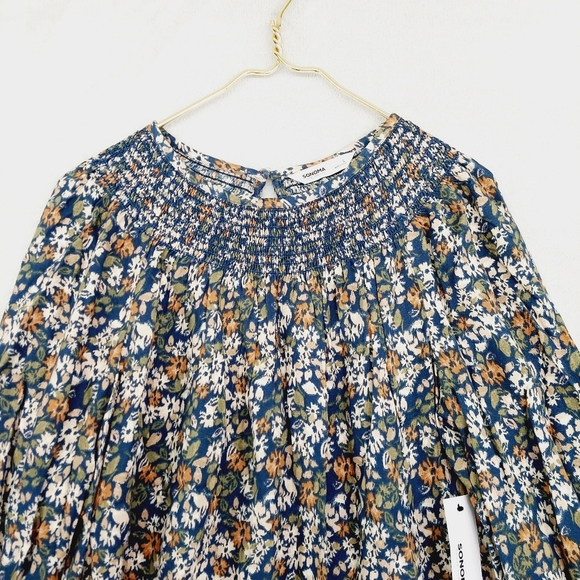 New Sonoma Blue Floral Elastic Scoop Neck Long Sleeves Blouse P600 - Picture 3 of 9